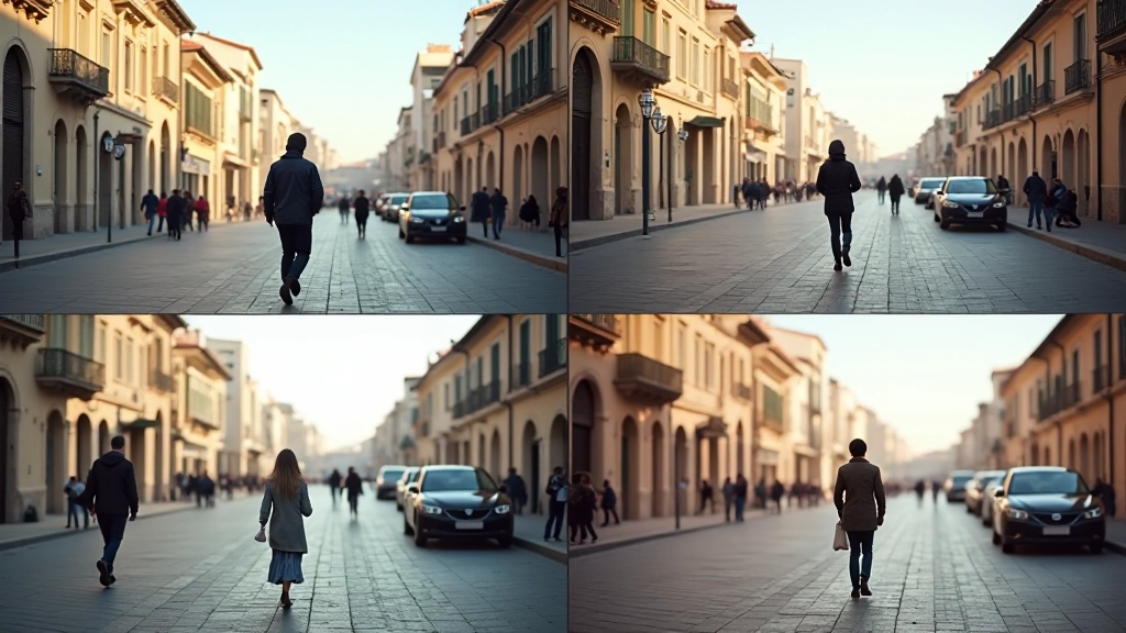 Compositing di quattro varianti di transizione di zoom, ognuna con effetti diversi combinati, side-by-side su schermo
