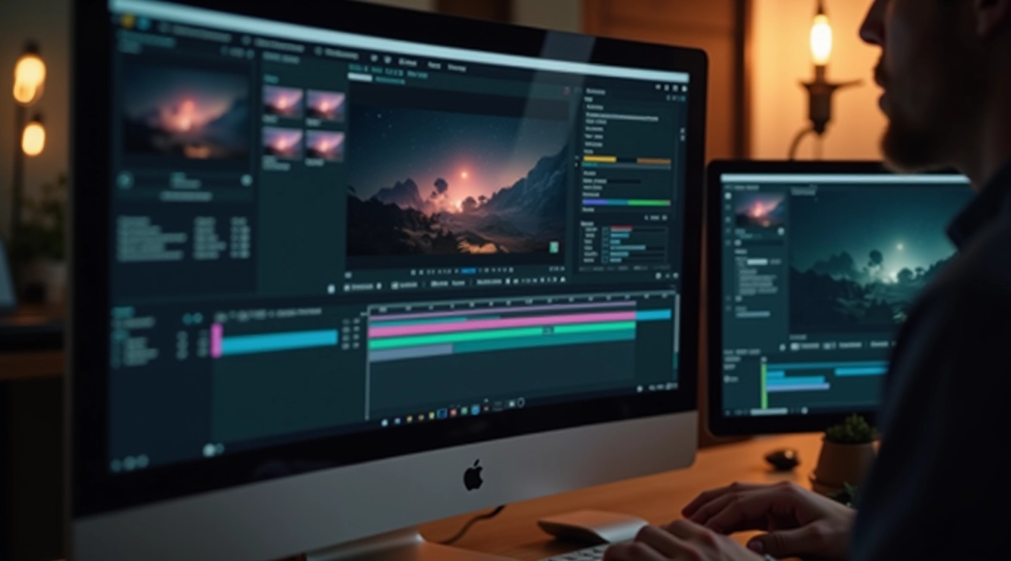 Software di motion design con timeline e keyframe visibili su monitor