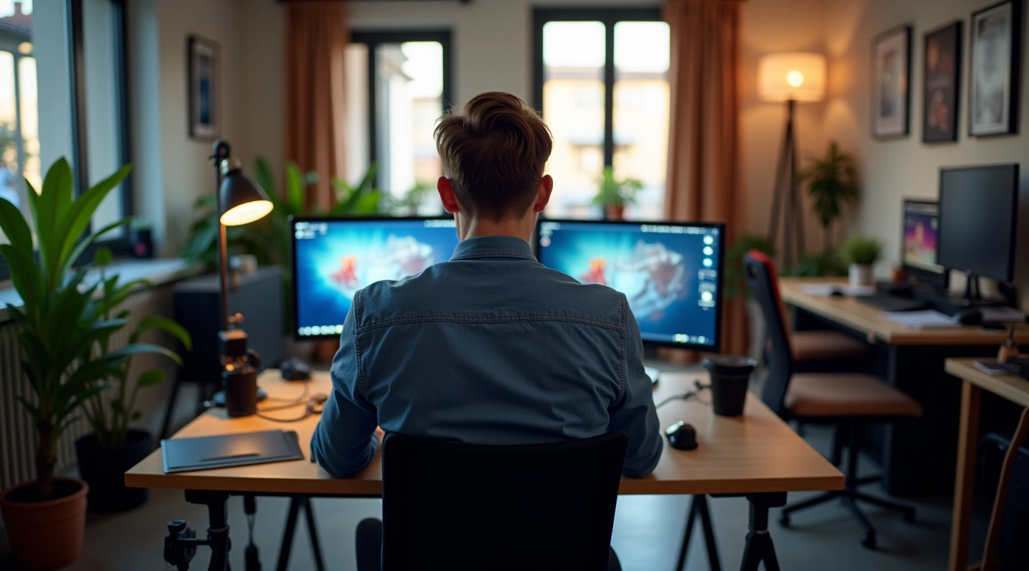 Studio di motion design professionale con monitor e attrezzature creative, tavolo di lavoro luminoso