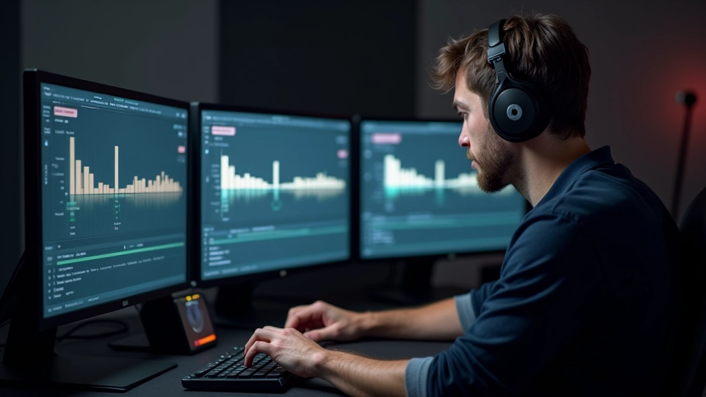 Designer che regola i parametri di zoom su software di motion design, monitor con timeline visibile, studio luminoso