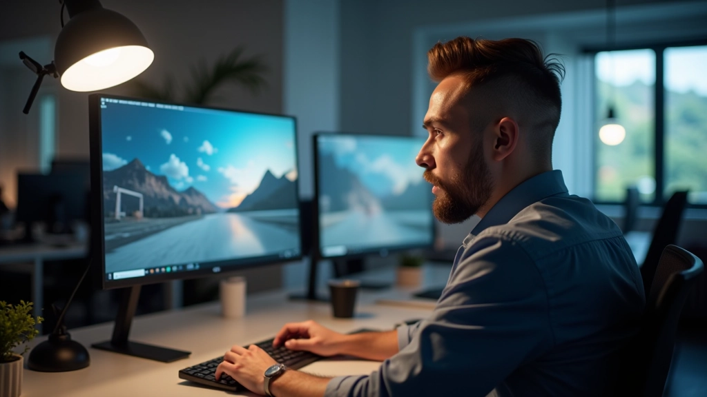 Professionista che testa una transizione di zoom su un monitor, osservando il playback con attenzione ai dettagli